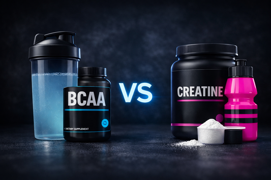 Creatine vs BCAAs infographic comparing muscle recovery, ATP energy production, strength, and training performance supplements.
