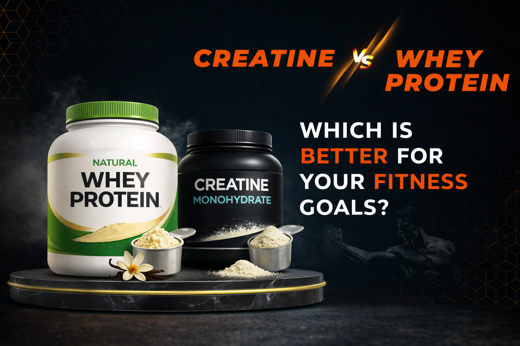 “Natural whey protein vs creatine monohydrate comparison showing supplements for muscle growth, recovery, strength, and performance goals”