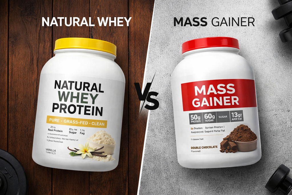 “Natural whey vs mass gainer image showing differences in clean protein and calorie-dense supplements”