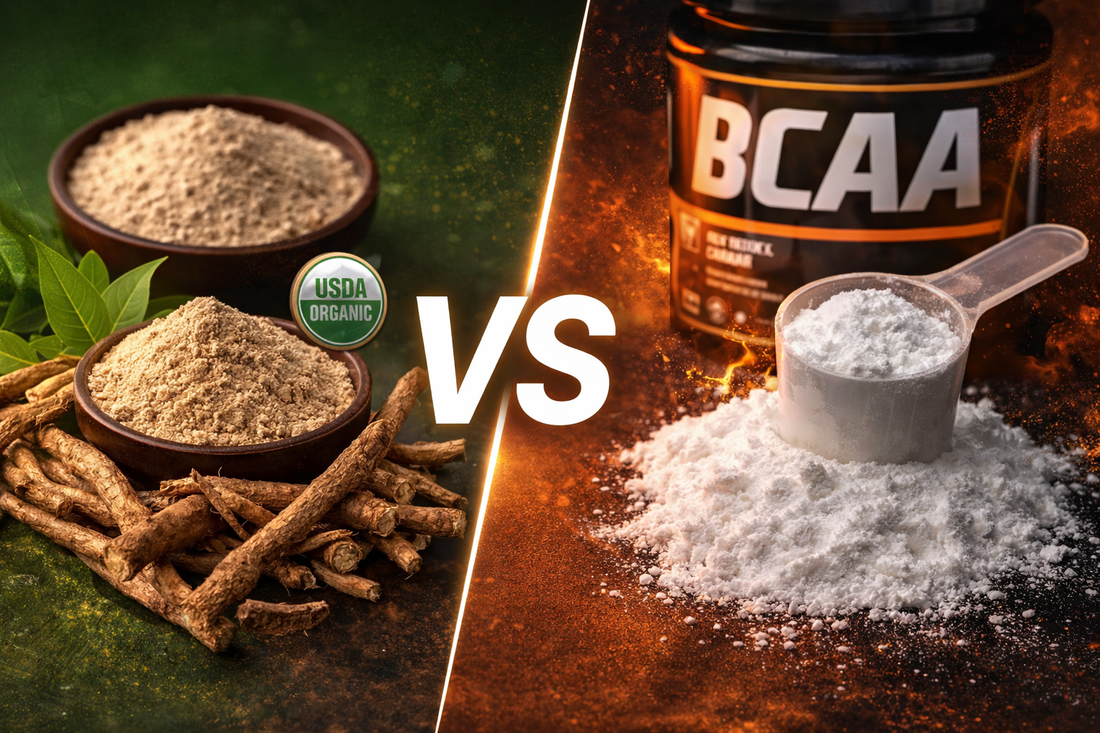 ashwagandha vs bcaa supplement comparison with capsules, powder, and natural ingredients on display