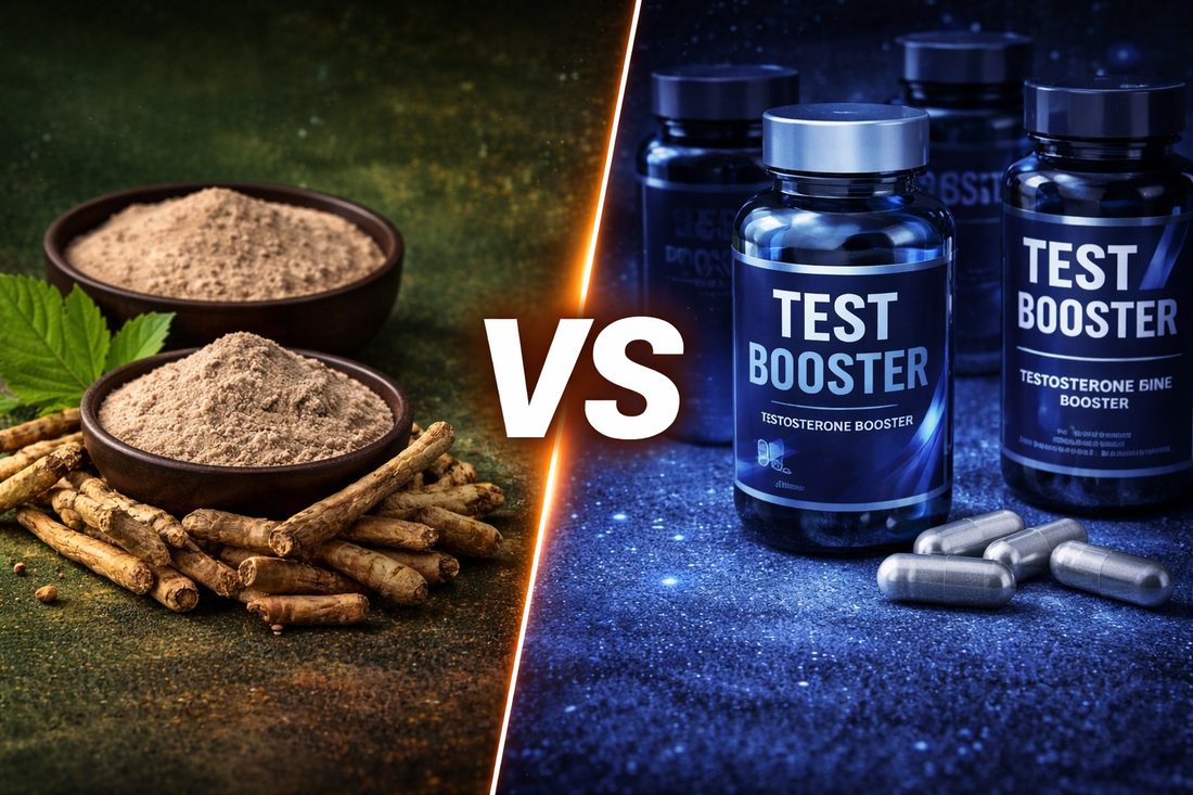 Ashwagandha vs testosterone boosters visual comparison showing Withania somnifera root powder and modern testosterone supplement capsules