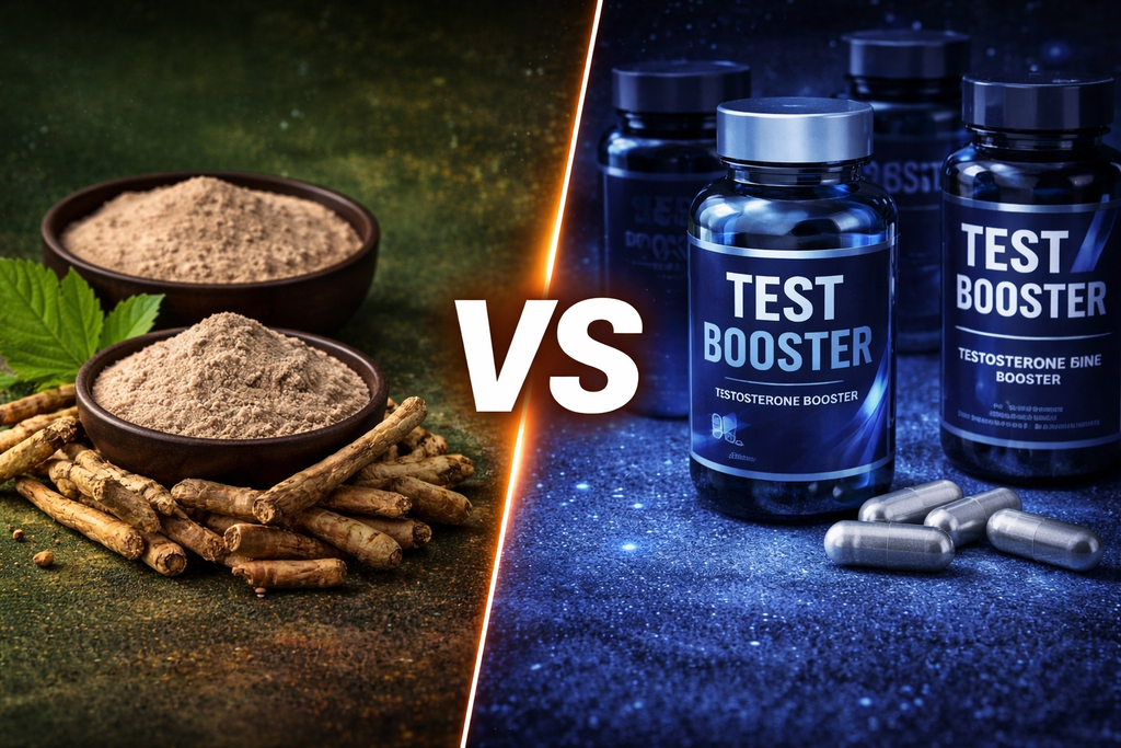 Ashwagandha vs testosterone boosters visual comparison showing Withania somnifera root powder and modern testosterone supplement capsules