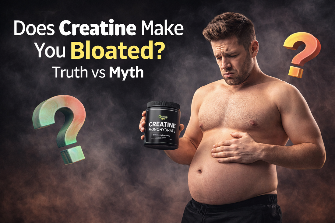 Man holding creatine monohydrate tub looking at slightly bloated stomach, questioning if creatine causes bloating, dark background fitness supplement concept