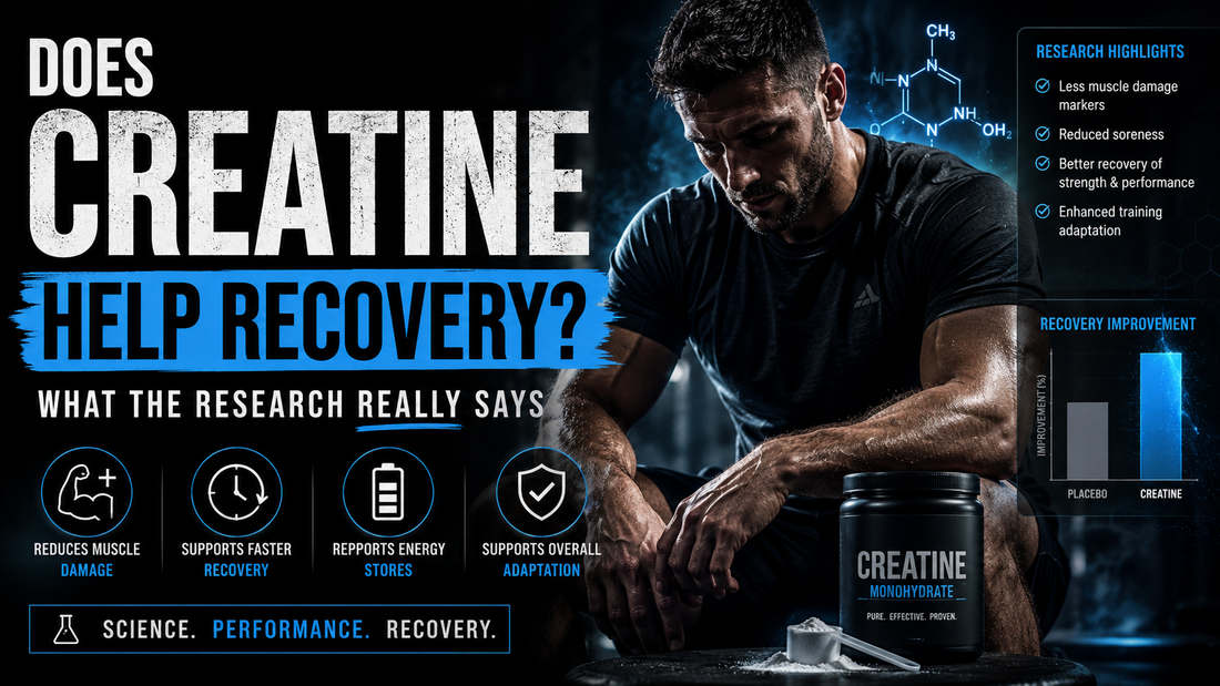 Does creatine help recovery infographic with muscular athlete in dark gym, blue neon fitness aesthetic, creatine monohydrate supplement tub, research-backed recovery benefits, science performance recovery theme.