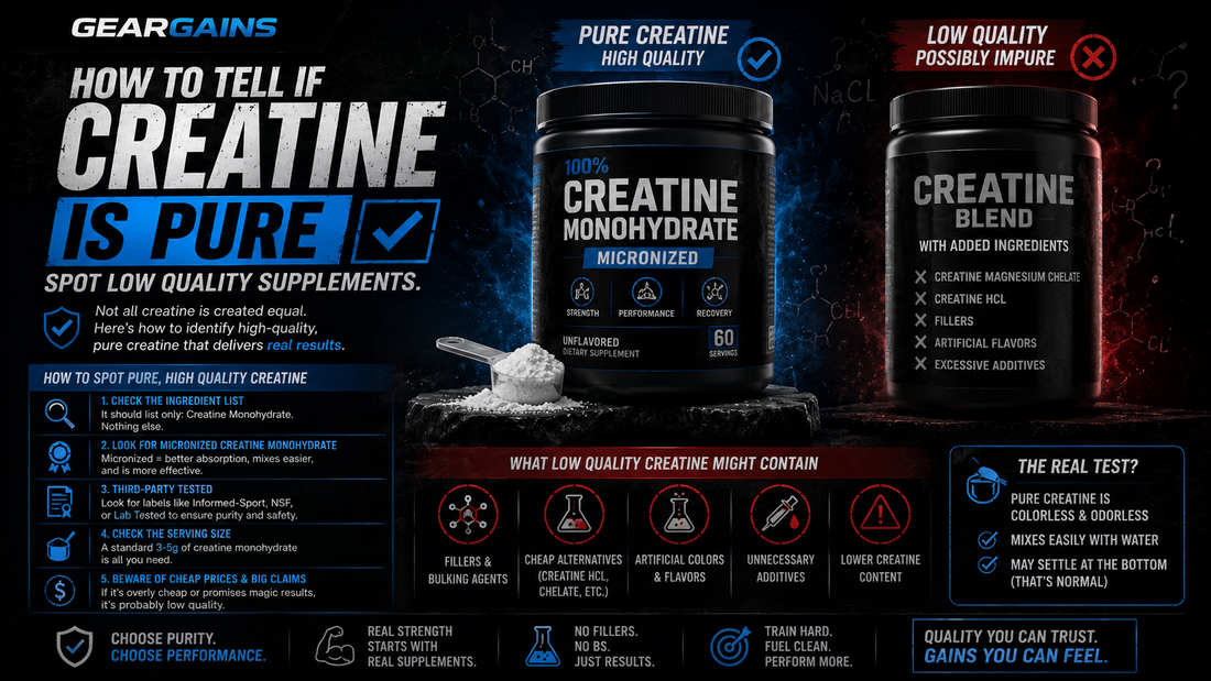 GearGains pure creatine infographic comparing high quality creatine monohydrate vs low quality creatine blends, dark blue fitness aesthetic, supplement purity guide, gym performance and recovery theme.