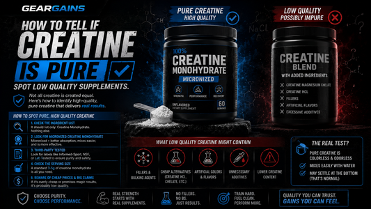 GearGains pure creatine infographic comparing high quality creatine monohydrate vs low quality creatine blends, dark blue fitness aesthetic, supplement purity guide, gym performance and recovery theme.