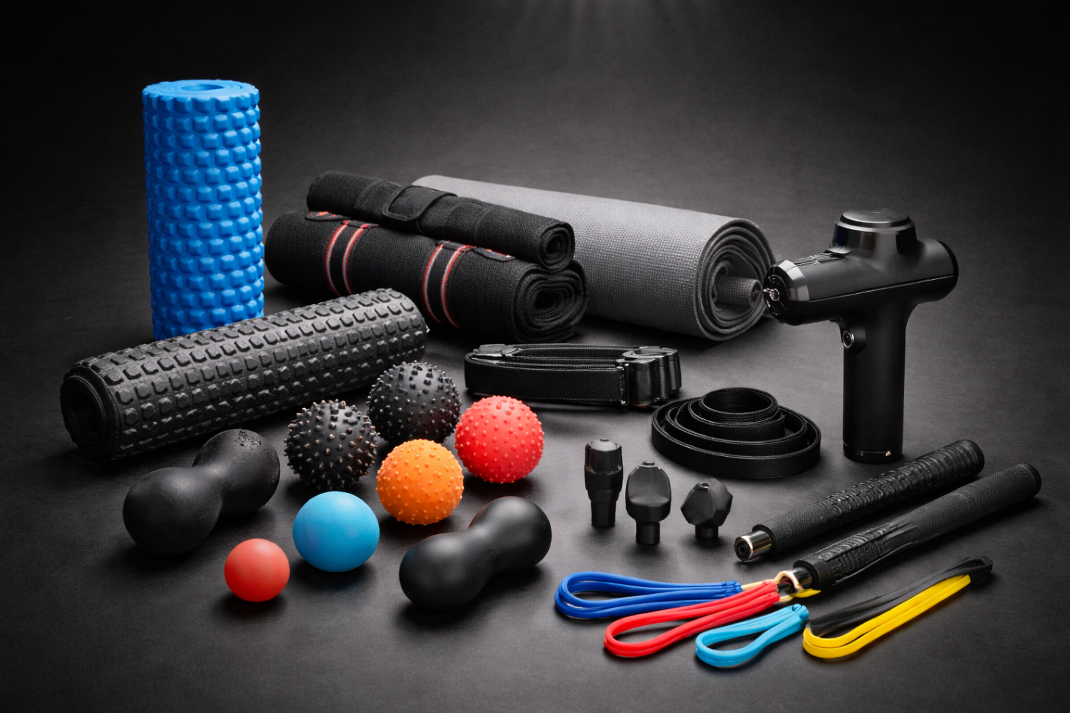 Foam roller,  massage guns, massage balls and yoga mats