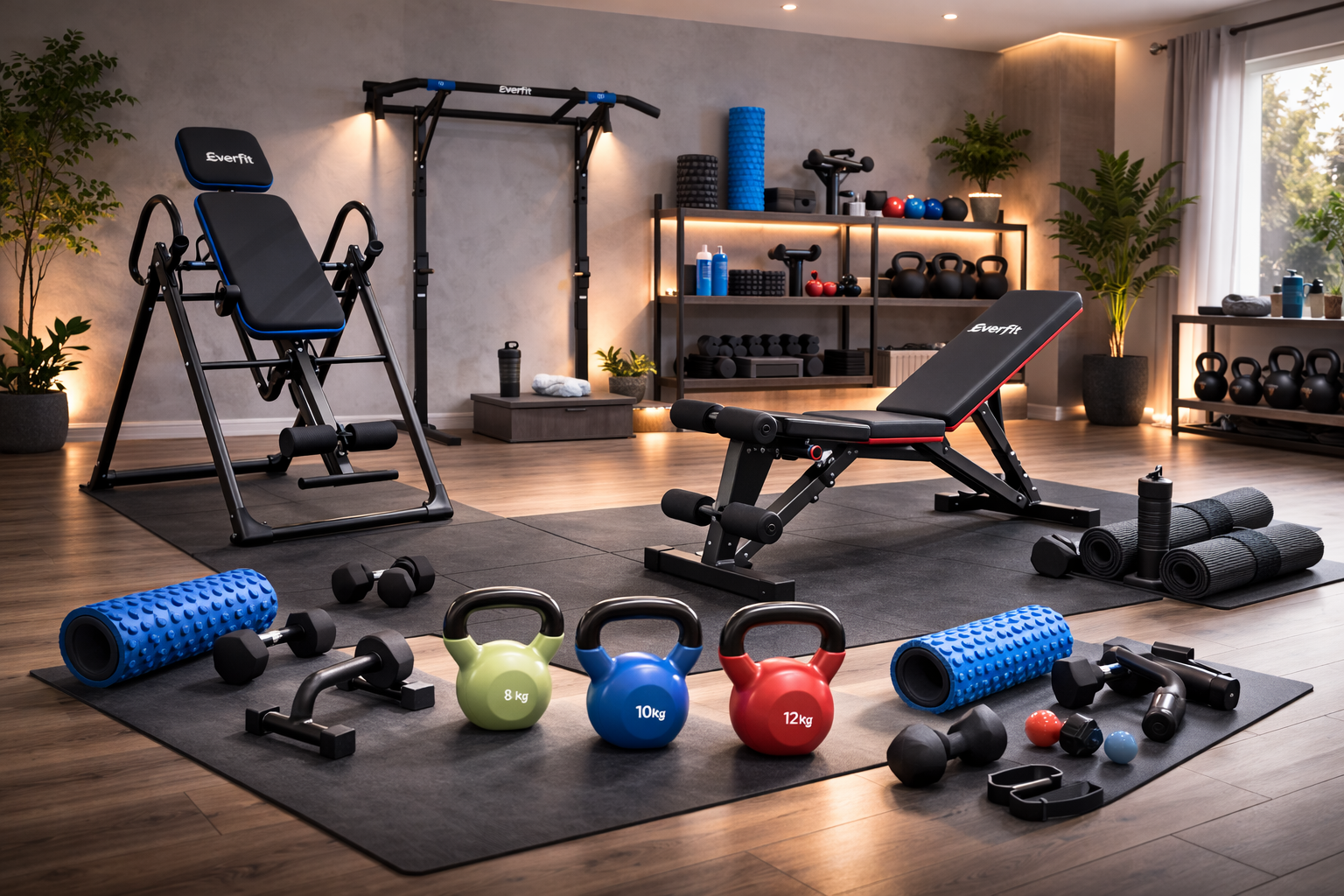 Home Setup including kettlebells, dumbbells, foam rollers, mats, pull up bar and benches