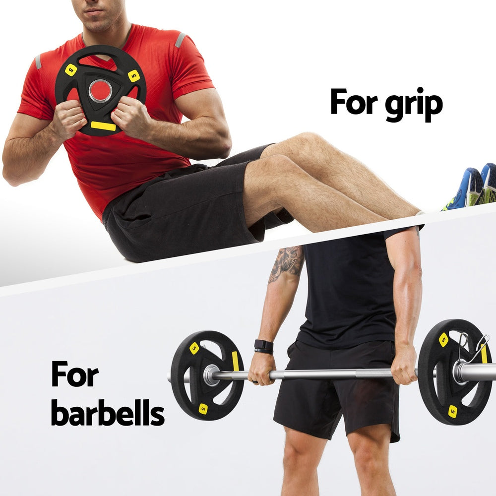 olympic weight plates 5kg on barbell for home gym strength training setup