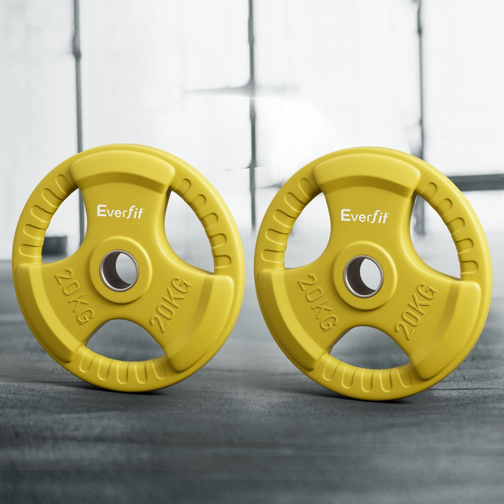 olympic weight plates 20kg yellow set on barbell for home gym setup