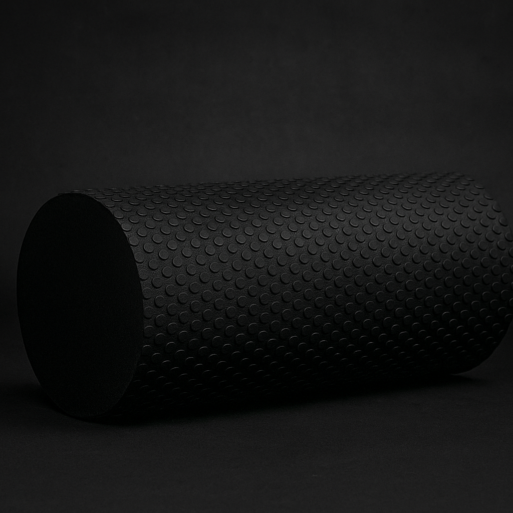 Black high-density foam roller for deep tissue muscle recovery on dark background