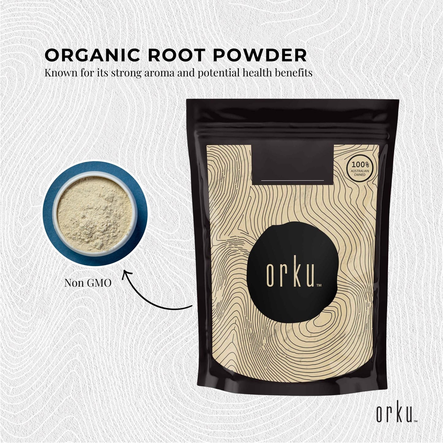 ashwagandha root powder Orku organic 100g Withania somnifera supplement and product pouch