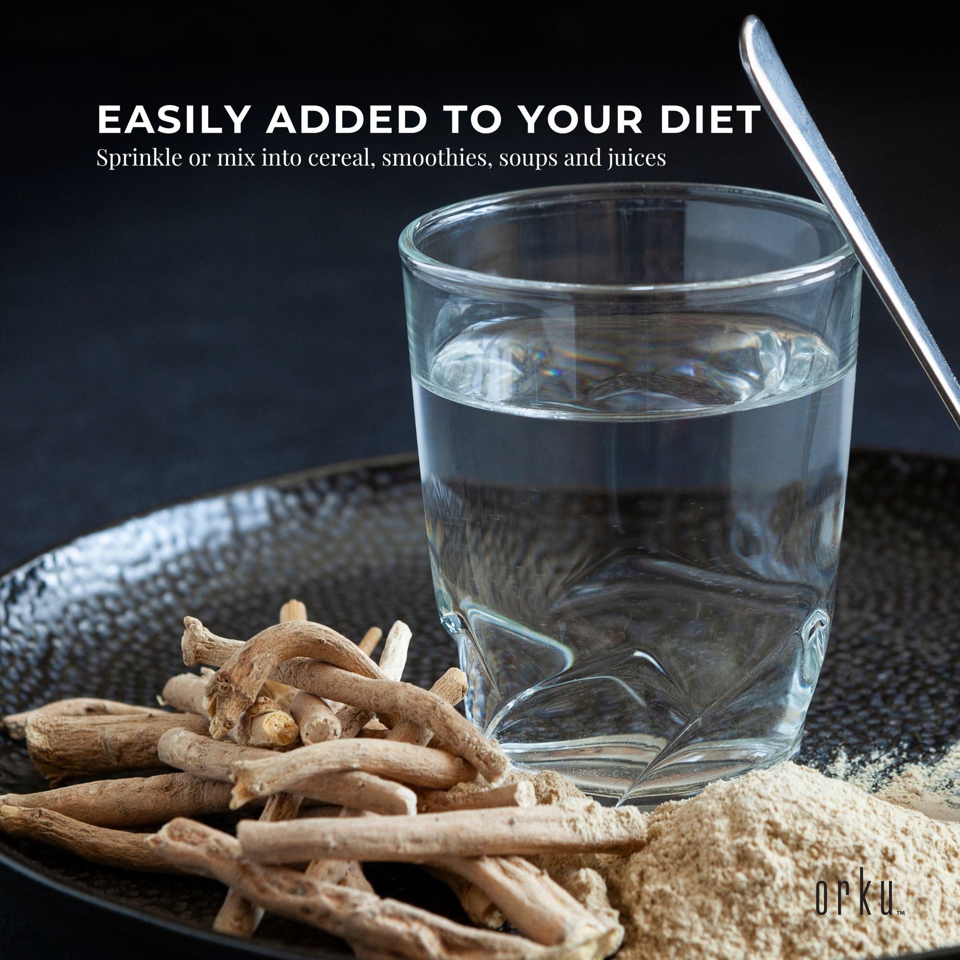 ashwagandha root powder Orku organic 100g natural supplement with herbs and serving glass