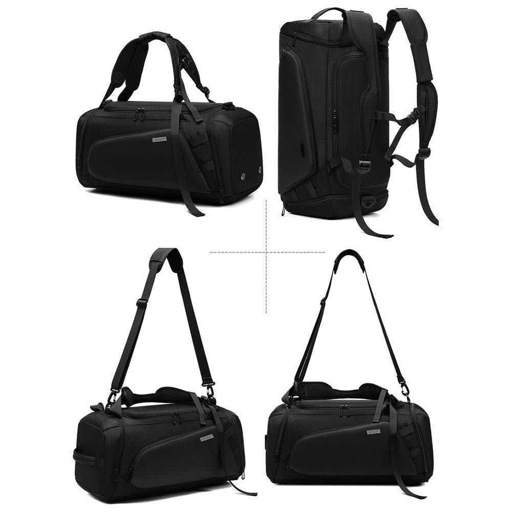large gym bag black with shoulder strap attachments and multiple views
