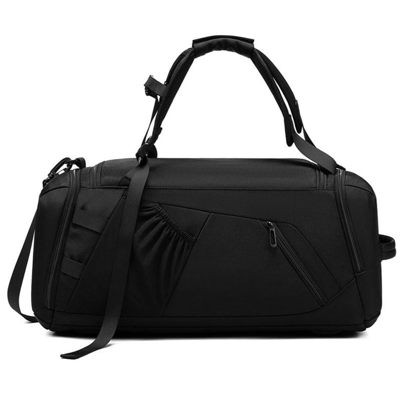 large gym bag black with separate wet dry compartments side profile