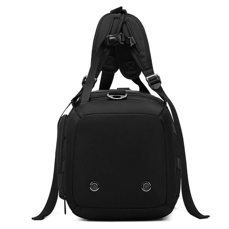 large gym bag black worn as backpack with separate wet dry compartments