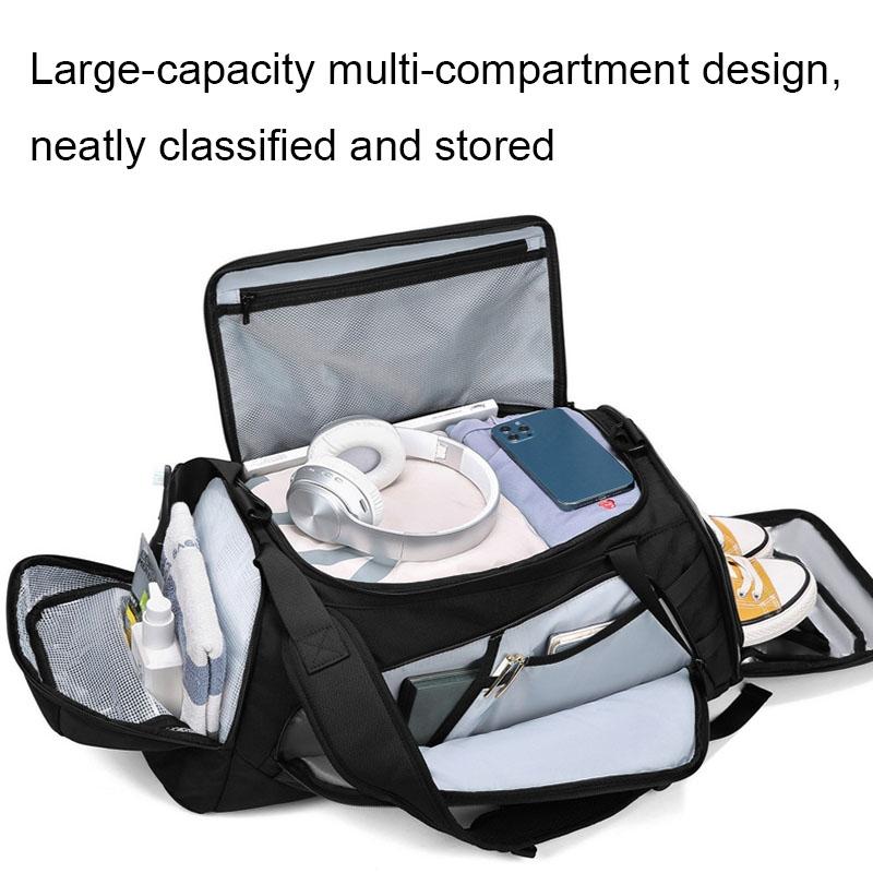 Large gym bag compartments wet dry storage fitness duffel bag interior layout