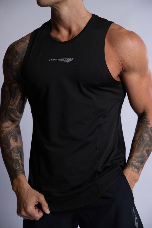 men's performance gym stringer black large close up front view