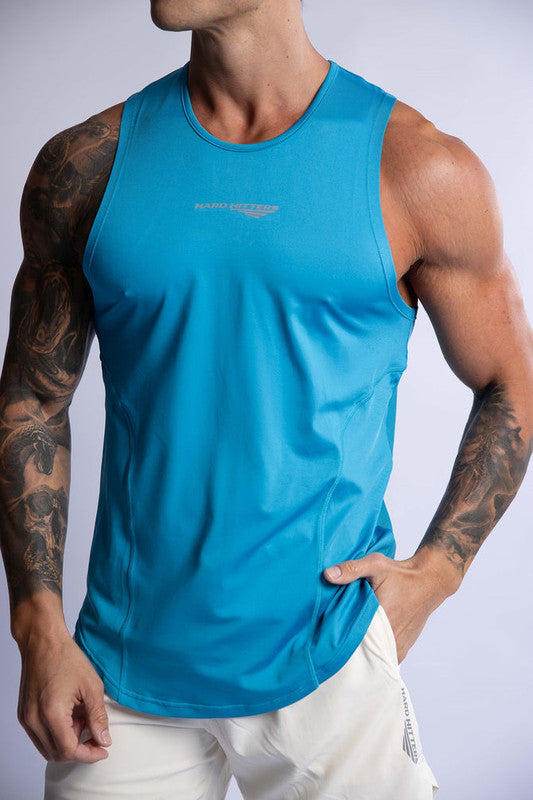 men's performance gym stringer mykonos blue medium close up front view