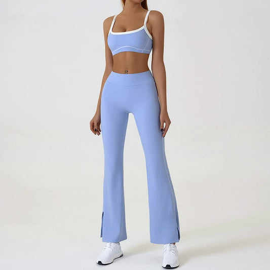 Blue leggings for gym paired with a matching top, ideal for workout sessions and active wear.