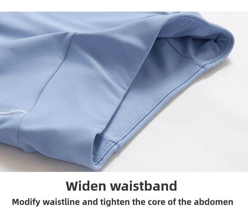 Close-up of light blue leggings for gym showing the wide waistband feature for support and comfort.