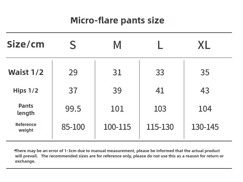 Size chart for micro-flare pants including measurements for waist, hips, length, and reference weight.