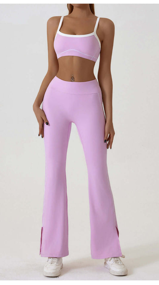 pink activewear set with pleated leggings and sports bra front view size S