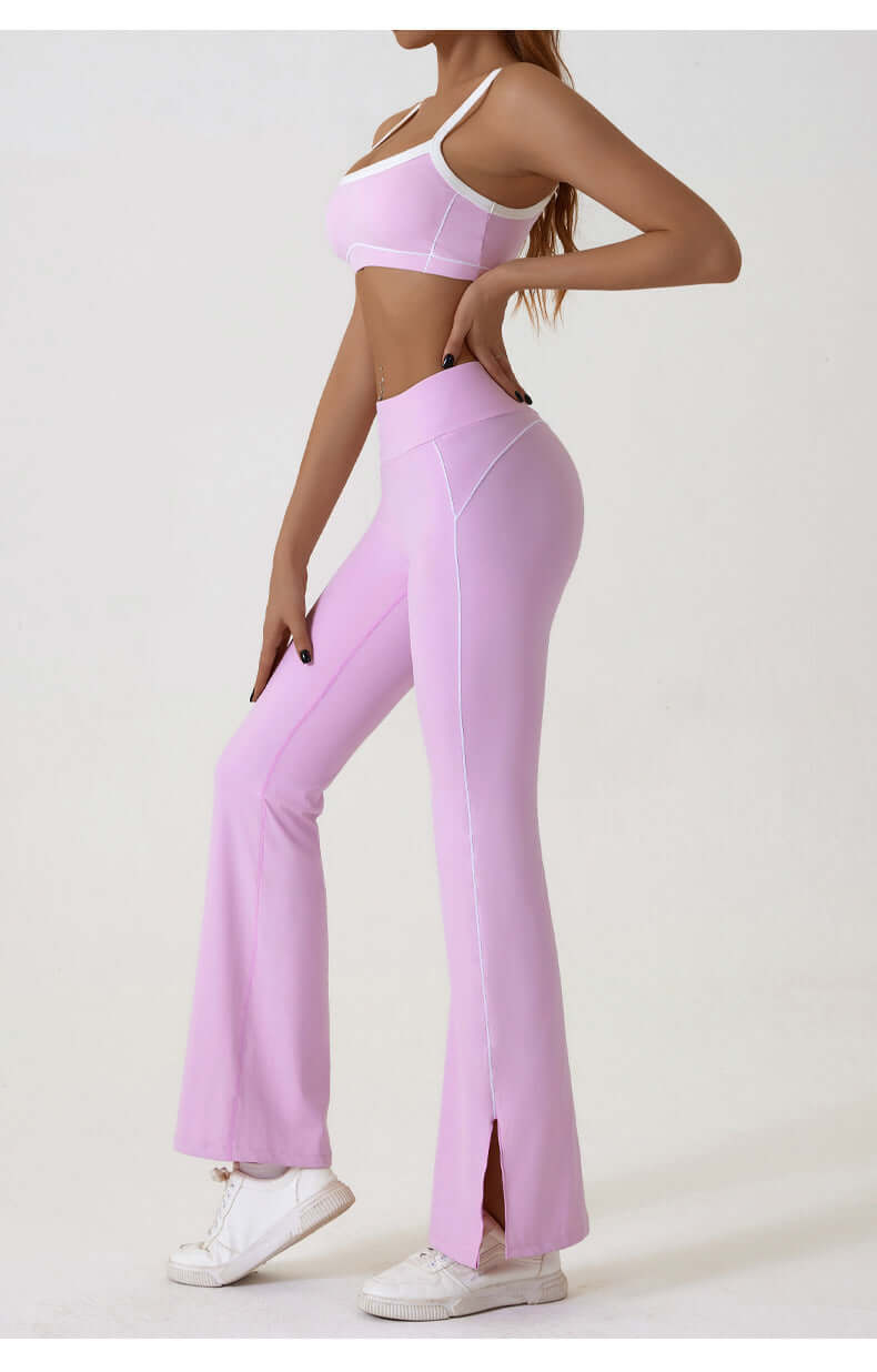 pink activewear set side view with breathable leggings and sports bra size S