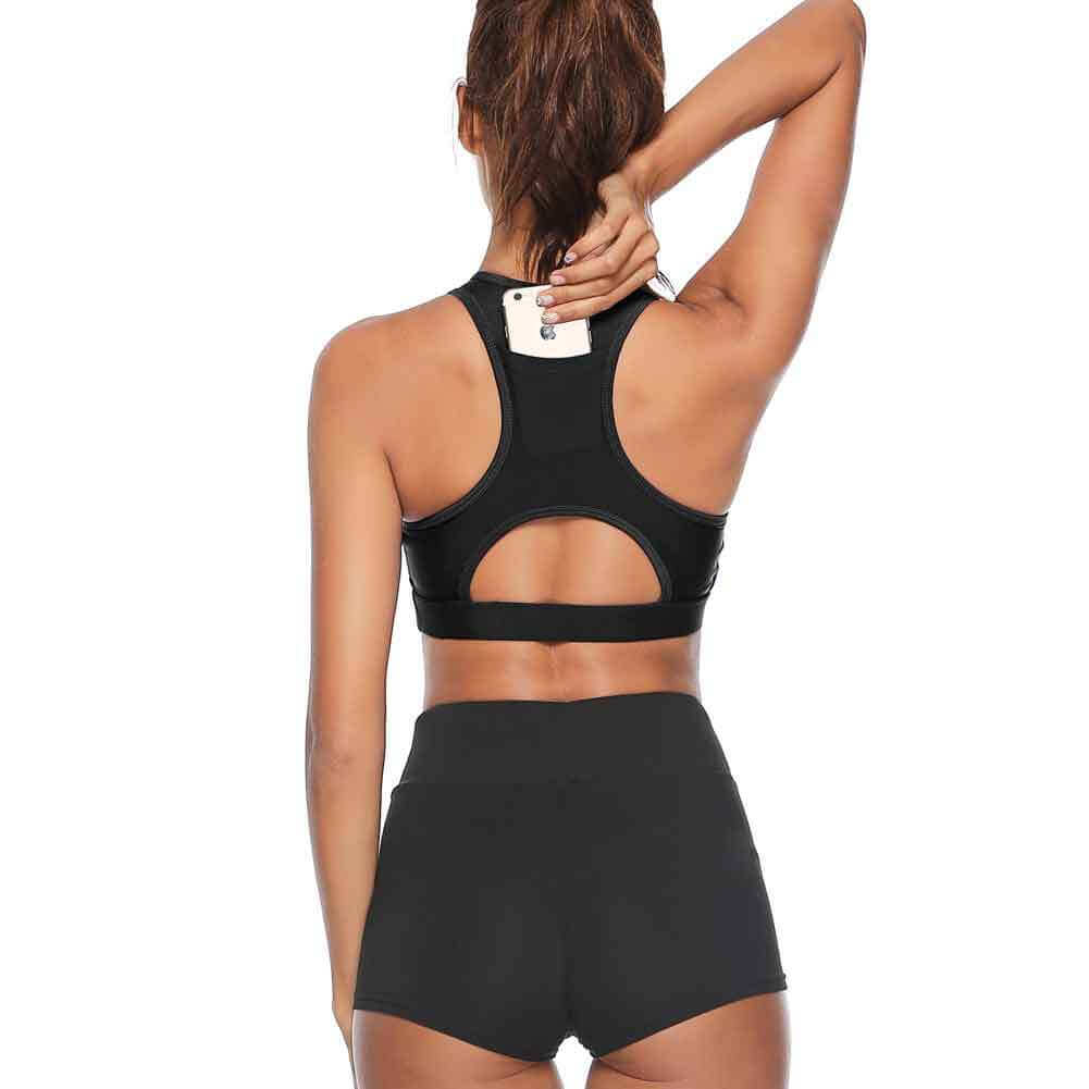   black sports bra women’s racerback crop top with back phone pocket medium support size M back view